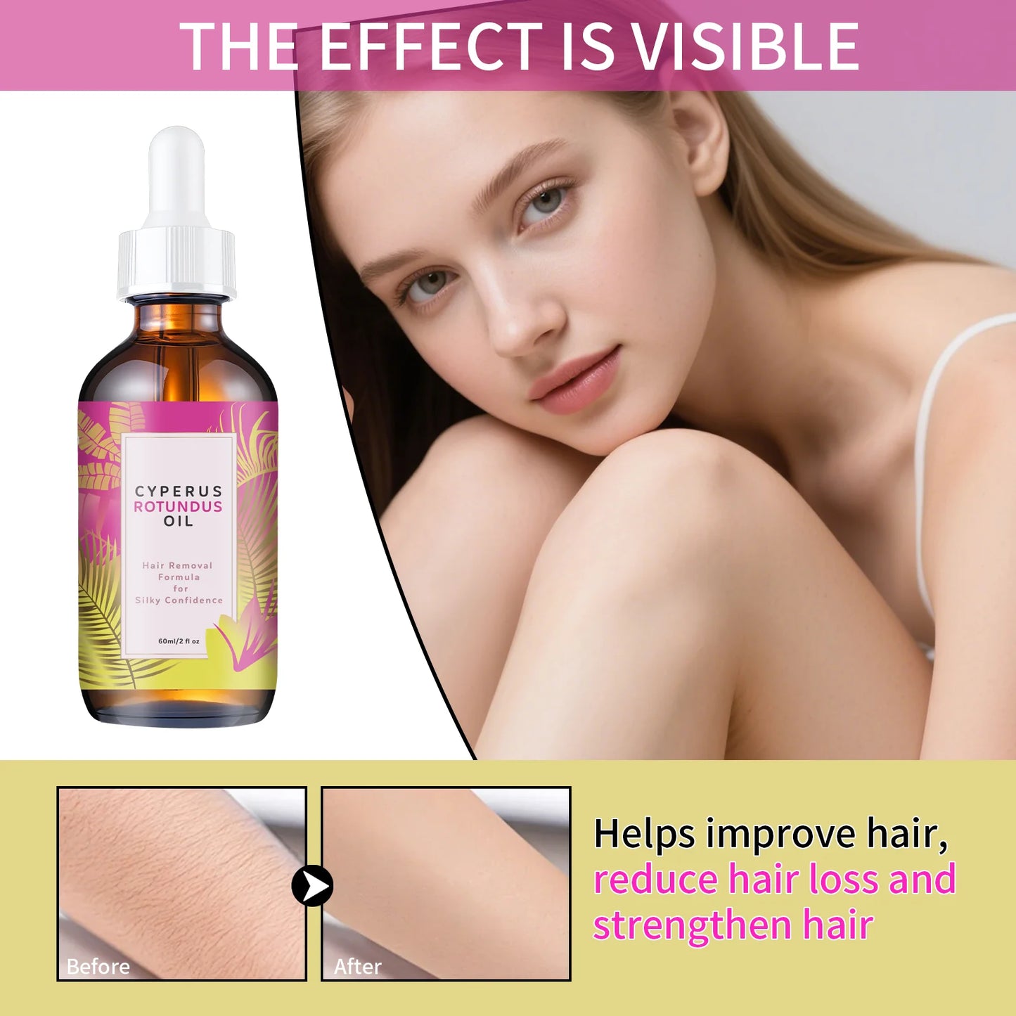 Hair Removal Oil 60ml - Natural Hair Growth Inhibitor with Jojoba Almond Oil, for Smooth Skin, Gentle Formula for All Skin Types