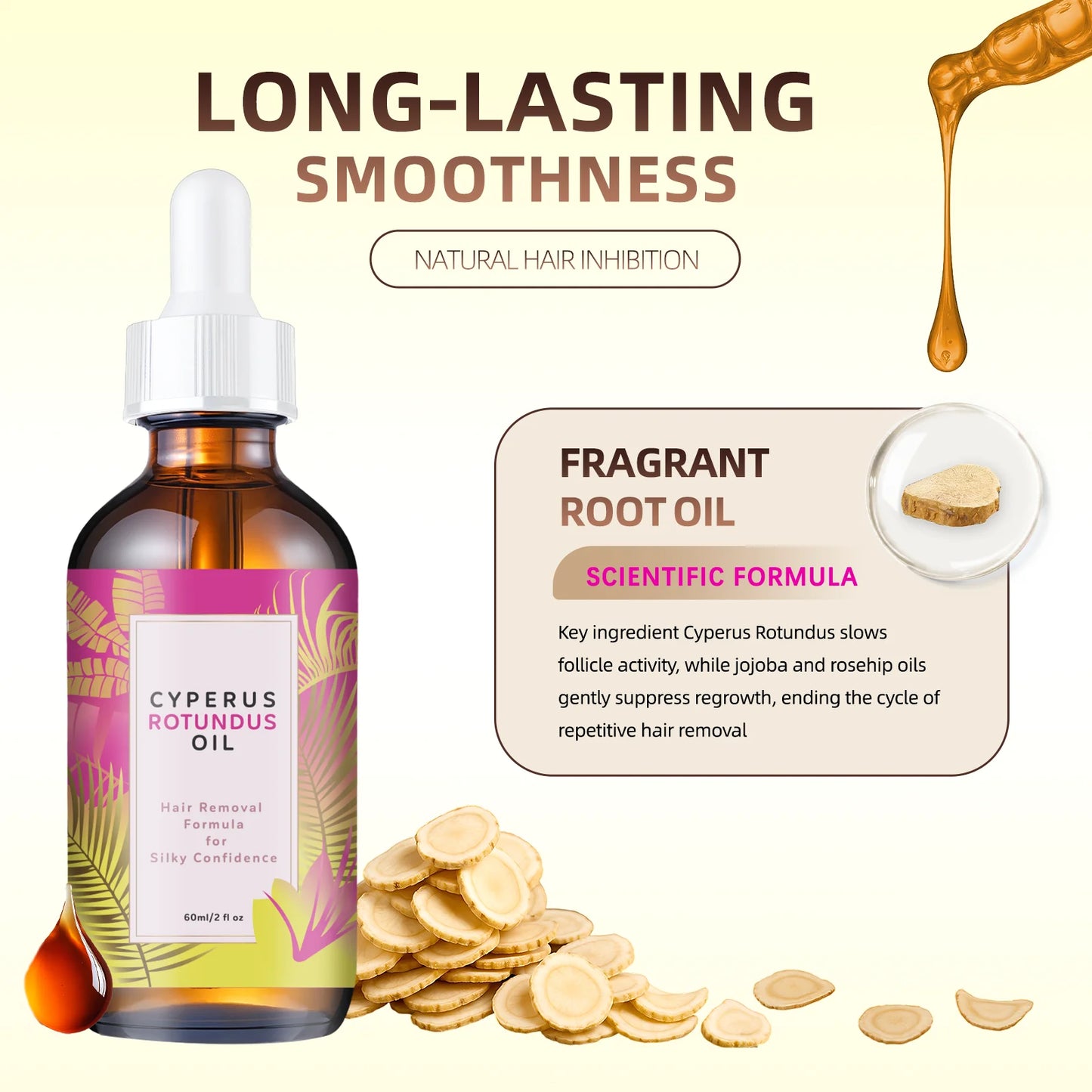 Hair Removal Oil 60ml - Natural Hair Growth Inhibitor with Jojoba Almond Oil, for Smooth Skin, Gentle Formula for All Skin Types