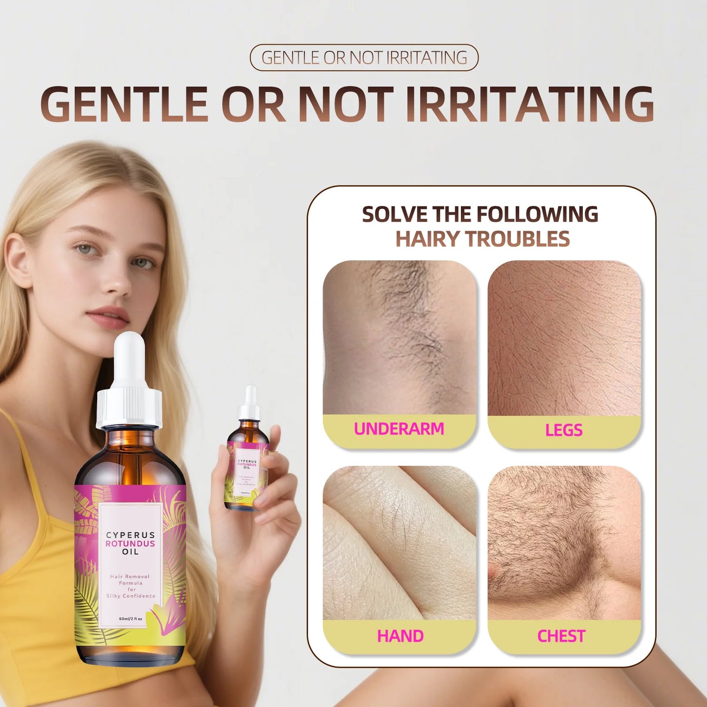 Hair Removal Oil 60ml - Natural Hair Growth Inhibitor with Jojoba Almond Oil, for Smooth Skin, Gentle Formula for All Skin Types