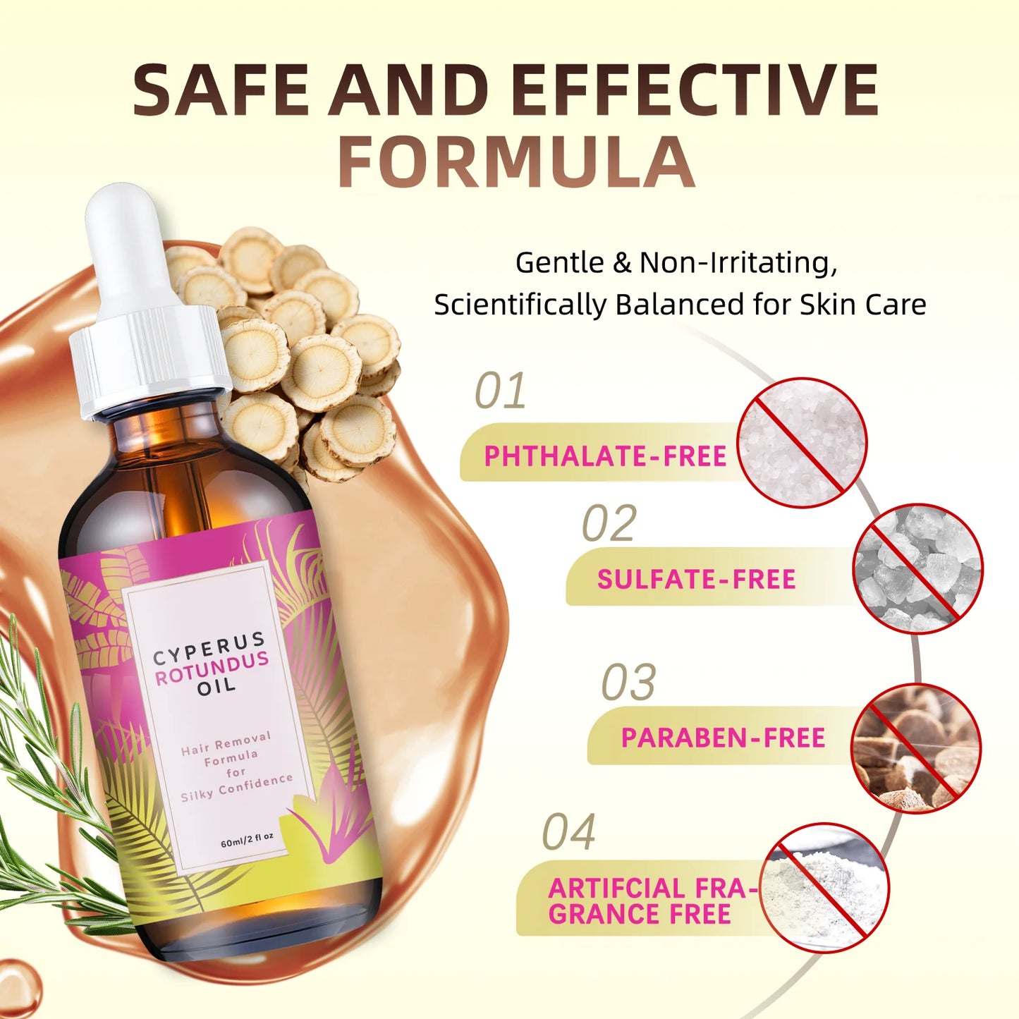 Hair Removal Oil 60ml - Natural Hair Growth Inhibitor with Jojoba Almond Oil, for Smooth Skin, Gentle Formula for All Skin Types