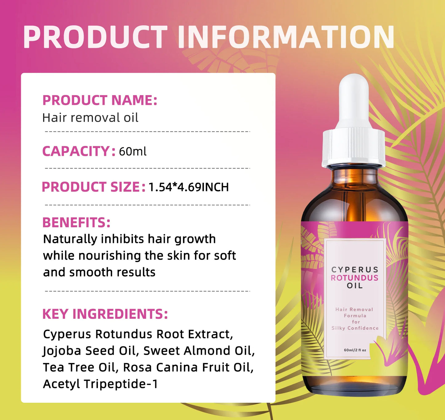 Hair Removal Oil 60ml - Natural Hair Growth Inhibitor with Jojoba Almond Oil, for Smooth Skin, Gentle Formula for All Skin Types